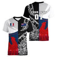 Custom New Zealand And France Rugby Women V Neck T Shirt XV de France Kiwi Silver Fern 2023 World Cup - Wonder Print Shop