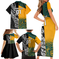 Custom New Zealand And Australia Rugby Family Matching Short Sleeve Bodycon Dress and Hawaiian Shirt Wallabies Kiwi Silver Fern 2023 World Cup - Wonder Print Shop