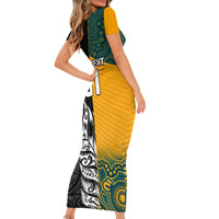 Custom New Zealand And Australia Rugby Family Matching Short Sleeve Bodycon Dress and Hawaiian Shirt Wallabies Kiwi Silver Fern 2023 World Cup - Wonder Print Shop