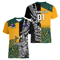 Custom New Zealand And Australia Rugby Women V Neck T Shirt Wallabies Kiwi Silver Fern 2023 World Cup - Wonder Print Shop