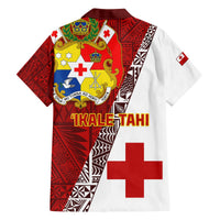 Red and white short-sleeve rugby-style shirt with Tonga emblem and large cross graphic