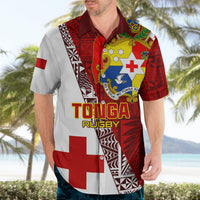 Red and white collared rugby shirt with Tonga crest, “TONGA RUGBY” text, and cross