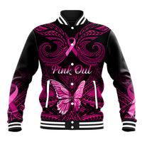 Personalised Pink Out Baseball Jacket Breast Cancer Awareness Polynesian Pattern Black Version - Wonder Print Shop
