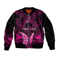 Personalised Pink Out Bomber Jacket Breast Cancer Awareness Polynesian Pattern Black Version - Wonder Print Shop