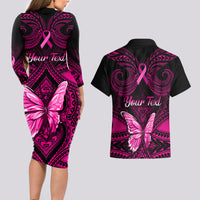 Personalised Pink Out Couples Matching Long Sleeve Bodycon Dress and Hawaiian Shirt Breast Cancer Awareness Polynesian Pattern Black Version - Wonder Print Shop