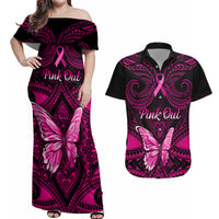 Personalised Pink Out Couples Matching Off Shoulder Maxi Dress and Hawaiian Shirt Breast Cancer Awareness Polynesian Pattern Black Version - Wonder Print Shop