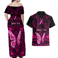 Personalised Pink Out Couples Matching Off Shoulder Maxi Dress and Hawaiian Shirt Breast Cancer Awareness Polynesian Pattern Black Version - Wonder Print Shop