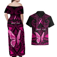 Personalised Pink Out Couples Matching Off Shoulder Maxi Dress and Hawaiian Shirt Breast Cancer Awareness Polynesian Pattern Black Version - Wonder Print Shop