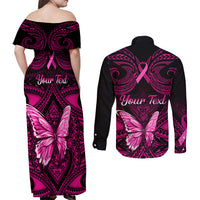 Personalised Pink Out Couples Matching Off Shoulder Maxi Dress and Long Sleeve Button Shirts Breast Cancer Awareness Polynesian Pattern Black Version - Wonder Print Shop