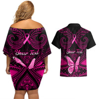 Personalised Pink Out Couples Matching Off Shoulder Short Dress and Hawaiian Shirt Breast Cancer Awareness Polynesian Pattern Black Version - Wonder Print Shop
