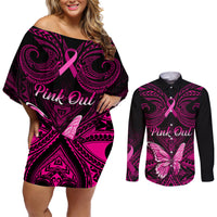 Personalised Pink Out Couples Matching Off Shoulder Short Dress and Long Sleeve Button Shirts Breast Cancer Awareness Polynesian Pattern Black Version - Wonder Print Shop