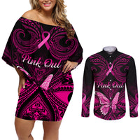 Personalised Pink Out Couples Matching Off Shoulder Short Dress and Long Sleeve Button Shirts Breast Cancer Awareness Polynesian Pattern Black Version - Wonder Print Shop