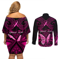 Personalised Pink Out Couples Matching Off Shoulder Short Dress and Long Sleeve Button Shirts Breast Cancer Awareness Polynesian Pattern Black Version - Wonder Print Shop
