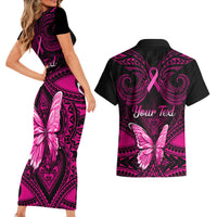 Personalised Pink Out Couples Matching Short Sleeve Bodycon Dress and Hawaiian Shirt Breast Cancer Awareness Polynesian Pattern Black Version - Wonder Print Shop