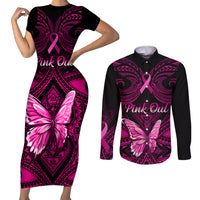 Personalised Pink Out Couples Matching Short Sleeve Bodycon Dress and Long Sleeve Button Shirts Breast Cancer Awareness Polynesian Pattern Black Version - Wonder Print Shop