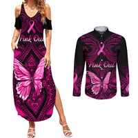 Personalised Pink Out Couples Matching Summer Maxi Dress and Long Sleeve Button Shirts Breast Cancer Awareness Polynesian Pattern Black Version - Wonder Print Shop