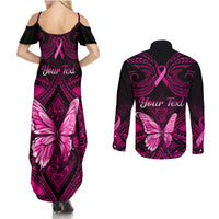 Personalised Pink Out Couples Matching Summer Maxi Dress and Long Sleeve Button Shirts Breast Cancer Awareness Polynesian Pattern Black Version - Wonder Print Shop