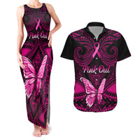Personalised Pink Out Couples Matching Tank Maxi Dress and Hawaiian Shirt Breast Cancer Awareness Polynesian Pattern Black Version - Wonder Print Shop
