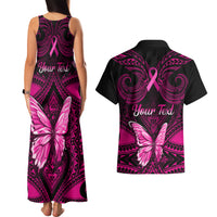 Personalised Pink Out Couples Matching Tank Maxi Dress and Hawaiian Shirt Breast Cancer Awareness Polynesian Pattern Black Version - Wonder Print Shop