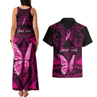 Personalised Pink Out Couples Matching Tank Maxi Dress and Hawaiian Shirt Breast Cancer Awareness Polynesian Pattern Black Version - Wonder Print Shop