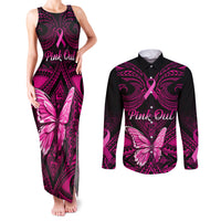 Personalised Pink Out Couples Matching Tank Maxi Dress and Long Sleeve Button Shirts Breast Cancer Awareness Polynesian Pattern Black Version - Wonder Print Shop