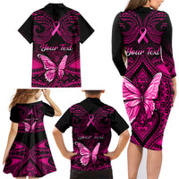 Personalised Pink Out Family Matching Long Sleeve Bodycon Dress and Hawaiian Shirt Breast Cancer Awareness Polynesian Pattern Black Version - Wonder Print Shop