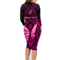 Personalised Pink Out Family Matching Long Sleeve Bodycon Dress and Hawaiian Shirt Breast Cancer Awareness Polynesian Pattern Black Version - Wonder Print Shop