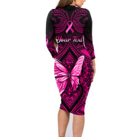 Personalised Pink Out Family Matching Long Sleeve Bodycon Dress and Hawaiian Shirt Breast Cancer Awareness Polynesian Pattern Black Version - Wonder Print Shop