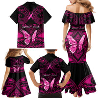 Personalised Pink Out Family Matching Mermaid Dress and Hawaiian Shirt Breast Cancer Awareness Polynesian Pattern Black Version - Wonder Print Shop