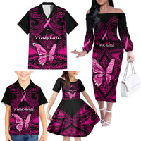 Personalised Pink Out Family Matching Off Shoulder Long Sleeve Dress and Hawaiian Shirt Breast Cancer Awareness Polynesian Pattern Black Version - Wonder Print Shop
