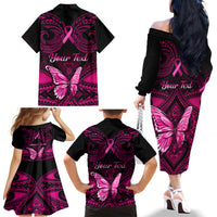 Personalised Pink Out Family Matching Off Shoulder Long Sleeve Dress and Hawaiian Shirt Breast Cancer Awareness Polynesian Pattern Black Version - Wonder Print Shop