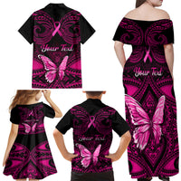 Personalised Pink Out Family Matching Off Shoulder Maxi Dress and Hawaiian Shirt Breast Cancer Awareness Polynesian Pattern Black Version - Wonder Print Shop