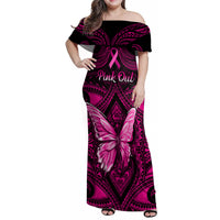 Personalised Pink Out Family Matching Off Shoulder Maxi Dress and Hawaiian Shirt Breast Cancer Awareness Polynesian Pattern Black Version - Wonder Print Shop