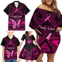 Personalised Pink Out Family Matching Off Shoulder Short Dress and Hawaiian Shirt Breast Cancer Awareness Polynesian Pattern Black Version - Wonder Print Shop