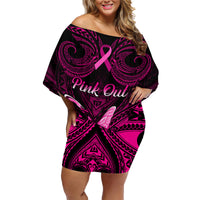 Personalised Pink Out Family Matching Off Shoulder Short Dress and Hawaiian Shirt Breast Cancer Awareness Polynesian Pattern Black Version - Wonder Print Shop