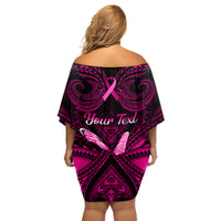 Personalised Pink Out Family Matching Off Shoulder Short Dress and Hawaiian Shirt Breast Cancer Awareness Polynesian Pattern Black Version - Wonder Print Shop