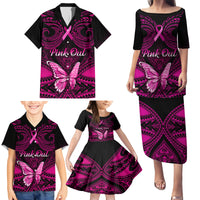 Personalised Pink Out Family Matching Puletasi Dress and Hawaiian Shirt Breast Cancer Awareness Polynesian Pattern Black Version - Wonder Print Shop