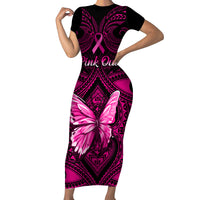 Personalised Pink Out Family Matching Short Sleeve Bodycon Dress and Hawaiian Shirt Breast Cancer Awareness Polynesian Pattern Black Version - Wonder Print Shop