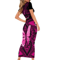 Personalised Pink Out Family Matching Short Sleeve Bodycon Dress and Hawaiian Shirt Breast Cancer Awareness Polynesian Pattern Black Version - Wonder Print Shop