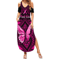 Personalised Pink Out Family Matching Summer Maxi Dress and Hawaiian Shirt Breast Cancer Awareness Polynesian Pattern Black Version - Wonder Print Shop