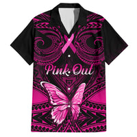 Black button-up Hawaiian shirt with pink out ribbon, butterfly, and tribal pattern.