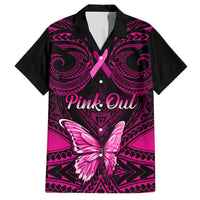 Black Hawaiian shirt with pink 'Pink Out' heart-and-butterfly Polynesian print
