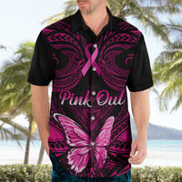 Black Hawaiian shirt with pink 'Pink Out' text and butterfly Polynesian print
