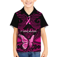Black kids button-up Hawaiian shirt with pink out ribbon, butterfly, and tribal design.