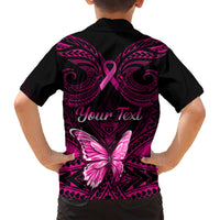 Black kids button-up Hawaiian shirt back view with pink ribbon, butterfly, and “Your Text”.
