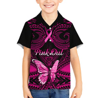Personalised Pink Out Kid Hawaiian Shirt Breast Cancer Awareness Polynesian Pattern Black Version - Wonder Print Shop