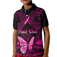 Personalised Pink Out Kid Polo Shirt Breast Cancer Awareness Polynesian Pattern Black Version - Wonder Print Shop