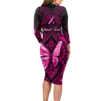 Personalised Pink Out Long Sleeve Bodycon Dress Breast Cancer Awareness Polynesian Pattern Black Version - Wonder Print Shop