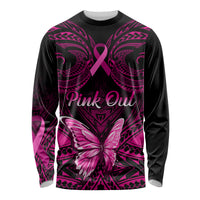 Personalised Pink Out Long Sleeve Shirt Breast Cancer Awareness Polynesian Pattern Black Version - Wonder Print Shop