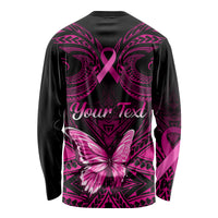 Personalised Pink Out Long Sleeve Shirt Breast Cancer Awareness Polynesian Pattern Black Version - Wonder Print Shop